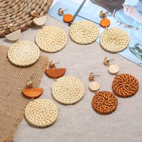 30Pair/lot Handmade Round Rattan Pendant Drop Earrings For Women Retro Wood Hanging Rattan Straw Weave Knit Vine Earrings