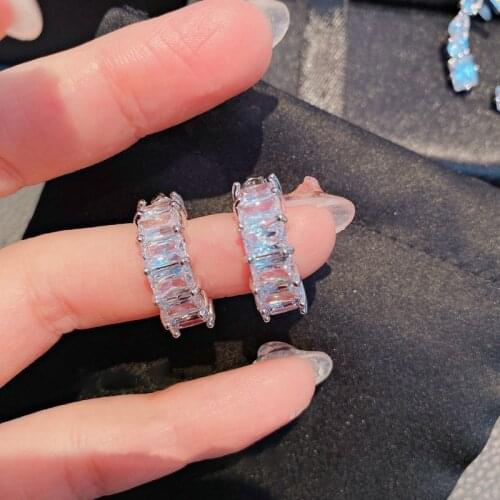 Bling Big Stone Ear Rings 925 Silver Crystal Pave Zirconia Shiny Rectangle Cut CZ Earrings Elegant Women Earring New Fashion