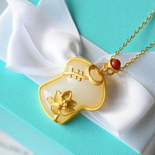 Vintage Lotus S925 Sterling Silver Gilding Inlaid Hetian Jade Cheongsam Pendant Classical and Ethnic Style Necklace Ornament for