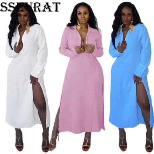 SSEURAT Casual Solid Shirt Dress Women Long Sleeve Turn-down Collar Sexy Split Maxi Dress Straight Loose Long Dress Robe