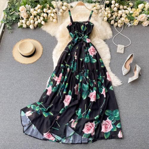 Runway Design Rose Printted Spaghetti Strap Floor-length Chiffon Dresses Women Ruffles Sashes Bow Robe Long Maxi Dress