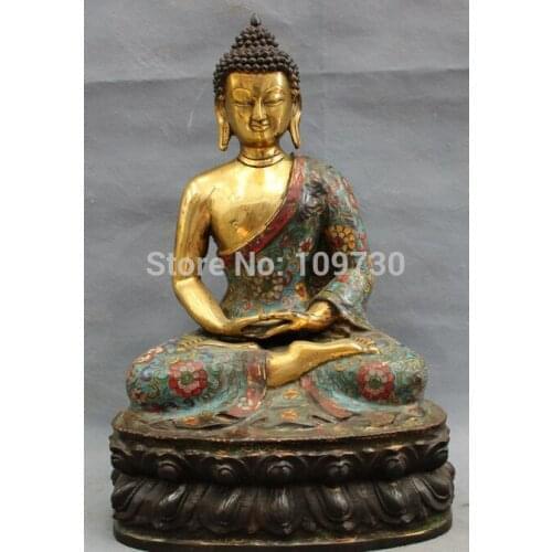 003033 13" Tibet Cloisonne Bronze Gilt Buddhist Shakyamuni Sakyamuni Buddha Robe Statue