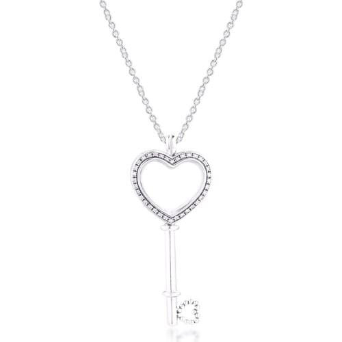 100% 925 Sterling Silver Large Floating Locket Heart Key Pendant Necklace for Women Fine Jewelry Collier Necklaces Colgantes