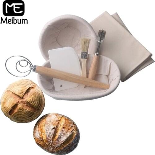 Meibum 7PCS Country Bread Baguette Banneton Brotform Proofing Proving Baskets Dough Fermentation Rattan Basket Knife Brush Linen