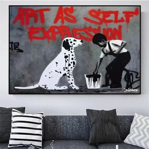 Abstract Art Banksy Graffiti Boy Dog Canvas Painting Wall Art Posters Prints Wall Pictures for Living Room Home Wall Cuadros