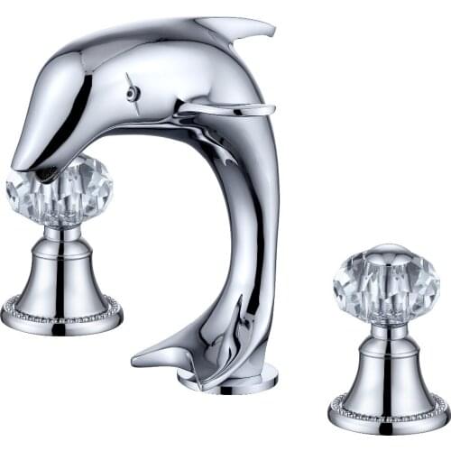 Free ship CHROME 3 Holes 8" WIDESPREAD LAVATORY BATHROOM SINK dolphin FAUCET mixer tap Crystal handles deck mounted unique TAP