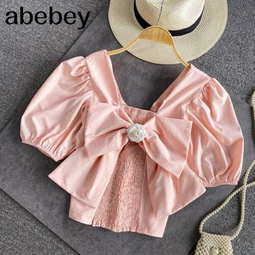 Women Elegant Korean Blouse Design Sweet Square Collar Puff Sleeve Solid Casual Tops Spring Fashion Streetwear Blouses