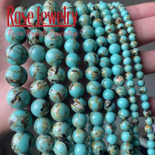 Natural Blue Green Shell Howlite Turquoises Stone Beads Round Loose Beads For Jewelry Making 4 6 8 10 12 mm 15" DIY Bracelets