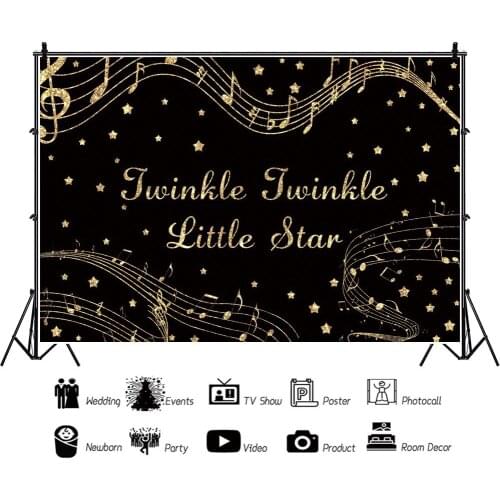 Black Twinkle Children Backdrops Photography Gold Musical Notation Birthday Party Photo Background for Shooting Decor
