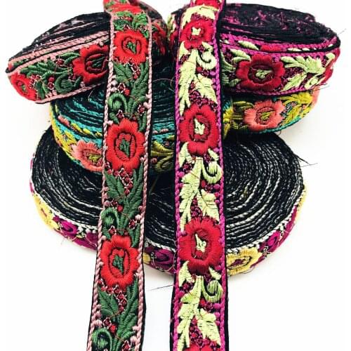 Thnic Flower Embroidered Lace Trims Webbing Ribbons Tape Cuffs Collar Lace Applique DIY Craft Sewing Accessories 1 Yard