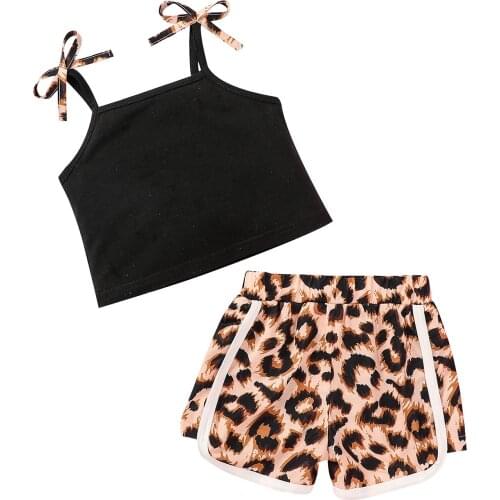 Children Leopard Print Clothes Set, Girls Sleeveless Cropped Tops with Bow-knot+Side Split Short Pants
