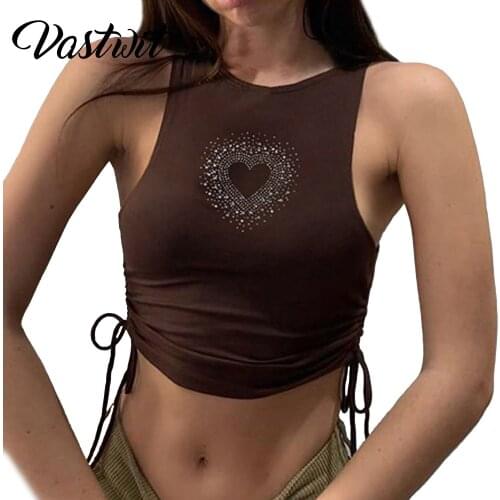 Women Vintage Rhinestone Heart Lace-up Brown Crop Tops 90s Drawstring O-neck Sleeveless Tank Tops Y2K Streetwear