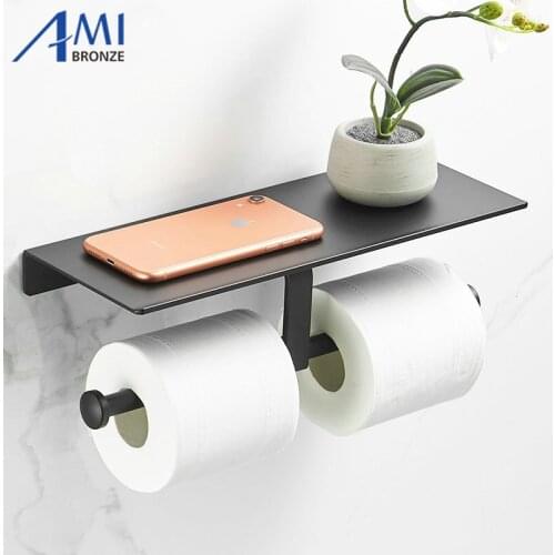Black Paint Double Paper Holder Wall Mounted Bathroom Accessories Phone Rack Toilet Shelf Space Aluminum Material