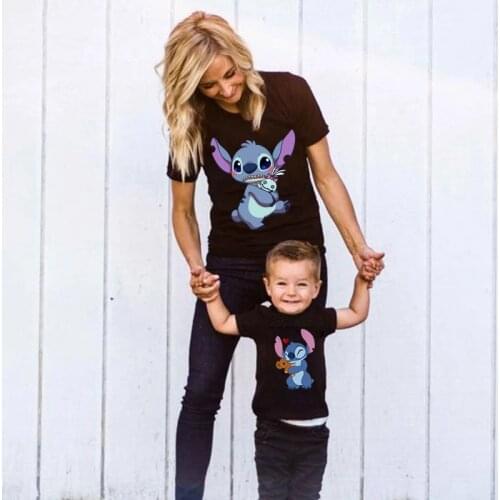 Disney Lilo Stitch Print Women T-shirt Family Matching Outfits Clothes Mommy Baby Short Sleeve T Shirt Casual Holiday O-neck Top