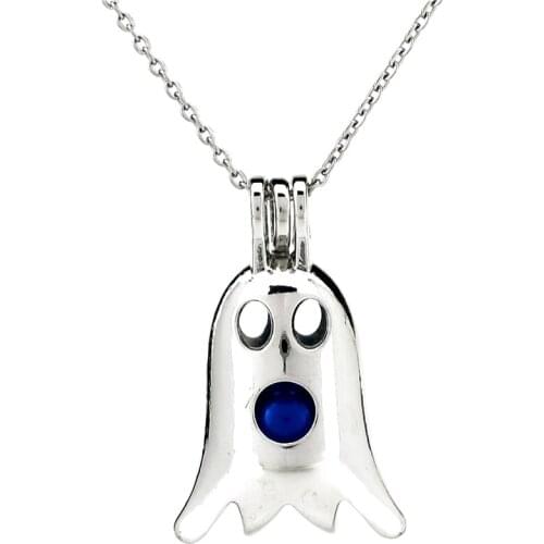 K831 Silver Alloy Halloween Ghosts Pearl Cage Pendant Chain Aroma Essential Oil Diffuser Locket Necklace