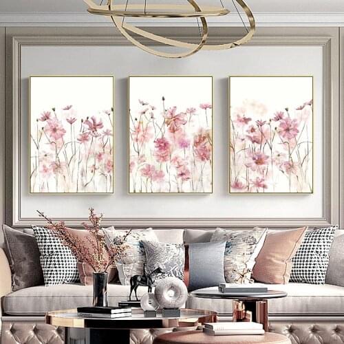 Canvas Painting Print Nordic Wall Art Picture Living Room Decor Fresh Pink Small Flower Forest Watercolor Landscape Poster