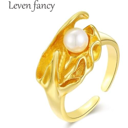 Gold Vermeil Irregular Leaf Shaped Ring with White Pearl Inside 925 Sterling Silver Women Jewelry Birthday Party Gift