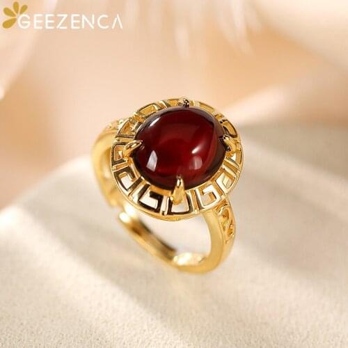 GEEZENCA 925 Sterling Silver Gold Plated Oval Red Amber Ring For Women Hollow Craft Resizable Rings Fine Jewelry 2021 New Gift