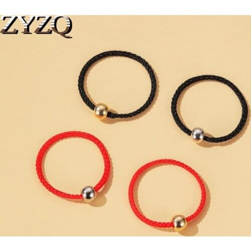 ZYZQ Simple Men and Women Elastic Rope Hand-Woven Gold Color Round Alloy Beads Red Rope Ring LuckyRing
