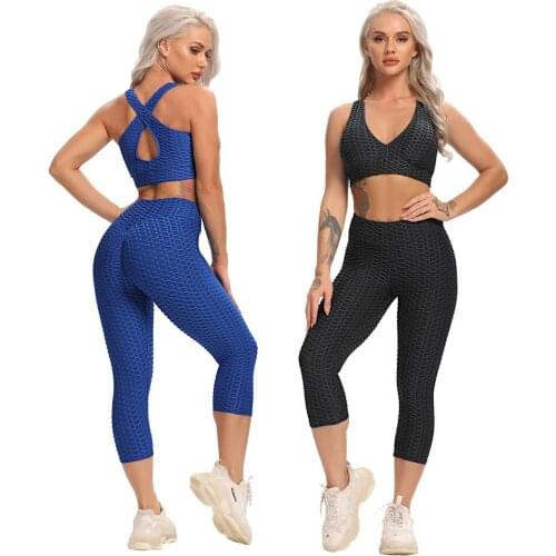 Booty Yoga Set Fitness Women Calf-Length Pants Sleeveless Workout Suit Sports Bra Crop Top Gym Clothing High Waist Leggings
