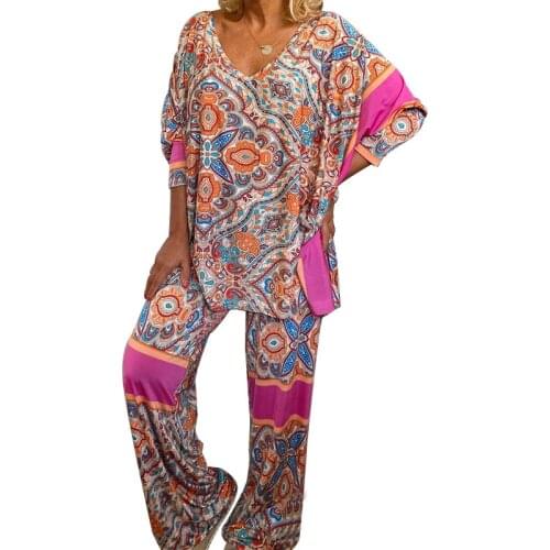 BAMBOOBOY New Womens V Neck Printed Top Pants Loose Comfort Casual Two Piece Set FC956