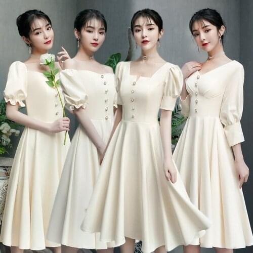 Beauty Emily Charming Champagne Boat Neck Satin Bridesmaid Dress Sexy Short Sleeve Button Simple Wedding Party Dresses
