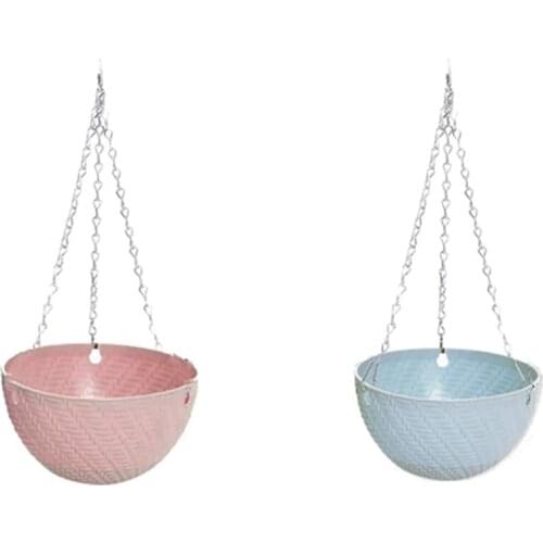 2Pcs Round Plastic Hanging Basket Flower Pot 16X10cm Garden Plant Chain Planter Hanging Flower Pots (Blue & Pink)