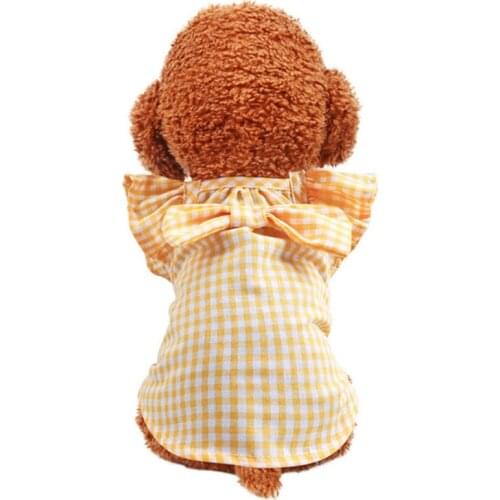 Dog Summer Thin Yellow Skirt Plaid Bowknot Soft Elastic Breathable Puppy Costume Chihuahua Pet Clothing