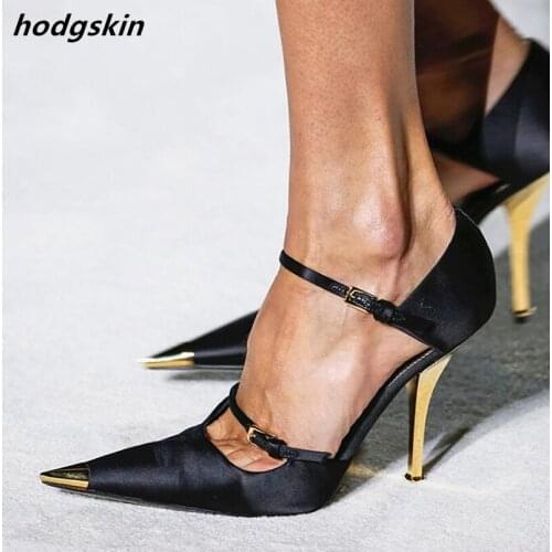2019 Newest Metal Heels Thin High Heels D'Orsay & Two-Piece Women Pumps Black Blue Silk Luxury Abkle Buckles Shoes Woman