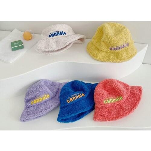 Autumn Winter Thicken Warm Baby Bucket Hats Kids Boys Girls Artificial Lambwool Fisherman Hat Letter Embroidery Children Caps