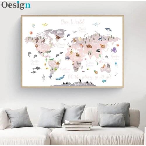 Educational Animal World Map Picture Children Poster Nursery Wall Art Canvas Print Painting Baby Kid Bedroom Playroom Home Decor