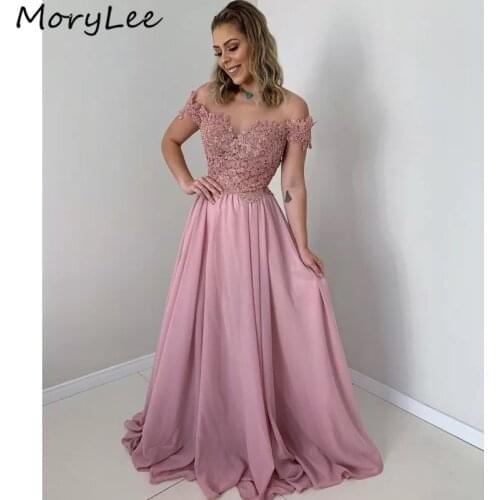 Pink Evening Dresses Off The Shoulder A-Line Sweep Train Lace Applique Chiffon Evening Dresses vestidos de fiesta de noche