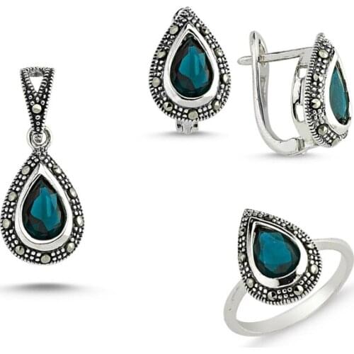 Silver 925 Sterling Marcasite Pendant Earring & Ring Set