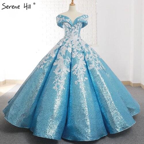 Serene Hill Handmade Flower Sequins Sparkle Luxury Wedding Dress 2020 Sky Blue Off Shoulder Sexy Fashion Bridal Gown CHM66667