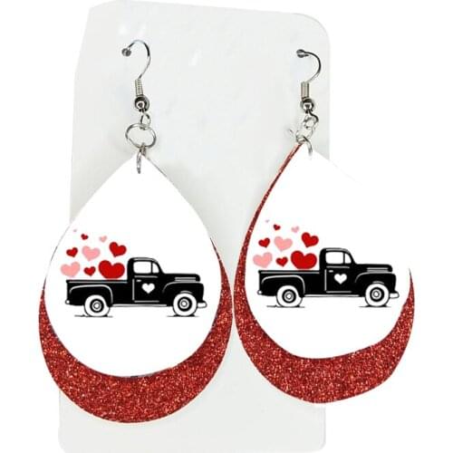 Valentines Earrings Love Truck Color Faux Leather Two Layers Thanks Giving Gift Double Print Bulk Order