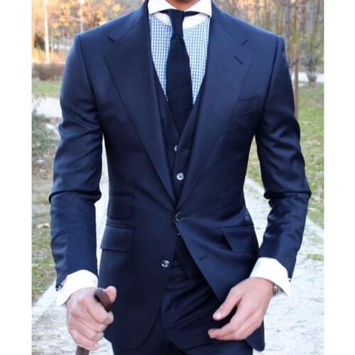 Custom Made Groomsmen Navy Blue Groom Tuxedos Notch Lapel Men Suits Wedding Best Man Blazer ( Jacket+Pants+Vest+Tie ) C441