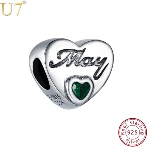U7 925 Sterling Silver Love Beads Green Color CZ May Heart Charm Beads for Jewelry Making Fits Diy Bracelets Necklaces SC136