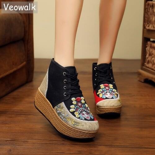 Veowalk Retro Women Linen Cotton Fabric Embroidered Short Ankle Platform Boots Comfortable Ladies Lace Up Booties Winter Shoes