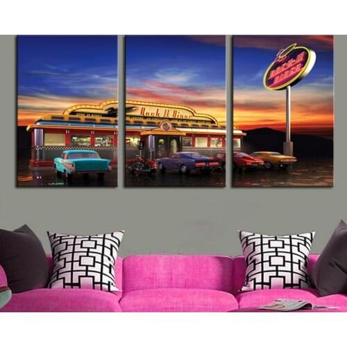 Fancy Rock Diner Restaurant Canvas Art Print Waterproof Fabric Canvas for Home Kitchen Room Decor 3 Pieces No Framed