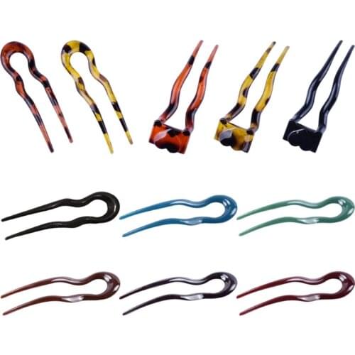 Women Leopard Print U-Shaped Hair Stick Fork Clip Wavy Curved 2 Prongs French Style Chignon Pin Bun Holder Updo Hairpin