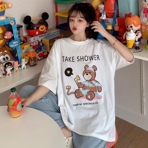 Womens T-shirts Tops Japanese Kawaii Ladies Ulzzang Cartoon Bear Print Loose T-shirt Female Korean Harajuku Clothes For Women