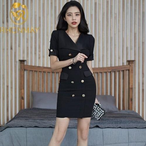 New Office Ladies Double-breasted Dress Summer Women Black Short Sleeve Bodycon Pencil OL Dress Sexy V Neck Work Vestidos