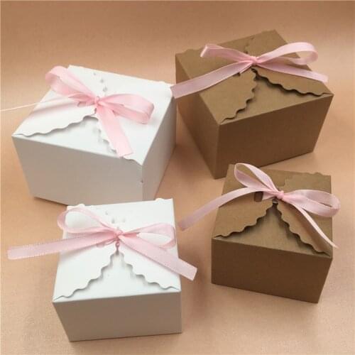 35Pcs/Lot Lace Square Shape Kraft Paper Packaging Paper Boxes Handmade Love Wedding Party Favor Packing Carton With Ribbon