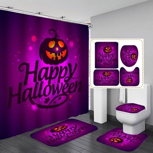4 PCS Halloween Shower Curtain Sets Mat Toilet Mat Bathroom Curtain
