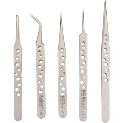 KGX 5Pcs Precision Anti-Static Stainless Steel Anti-Magnetic Tweezers Set, Used for Welding Mobile Phone Repair