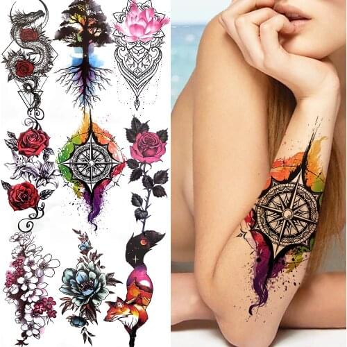 Watercolor Compass Temporary Tattoo For Women Rose Peony Daisy Tattoos Sticker Realistic Fake Fox Geometric Waterproof Tatoos