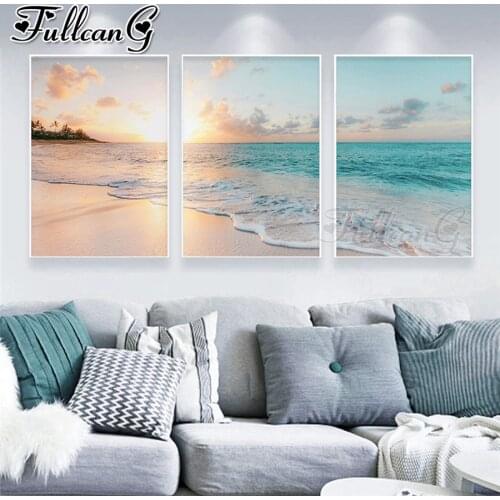 FULLCANG 5d diy diamond embroidery sale calm sea landscape diamond painting triptych full square round drill home decor FC3398