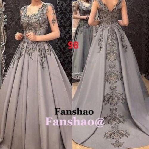 Full Sleeve Grey Satin Evening Dress Scoop Appliques Formal Party Saudi Arabric Dubai Vestidos de Fiesta Custom Made