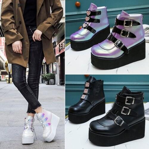 Large size ankle boots new round head buckle belt wedge heel thick bottom Martin boots female models trade womens boots H561