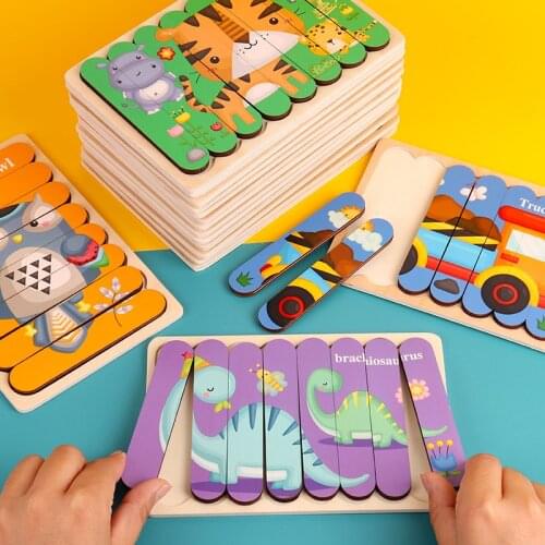 Kids Animal 3D Wooden Puzzle Montessori Toy Double-sided Strip Puzzle Telling Story Stacking Jigsaw Educational Toy For Children